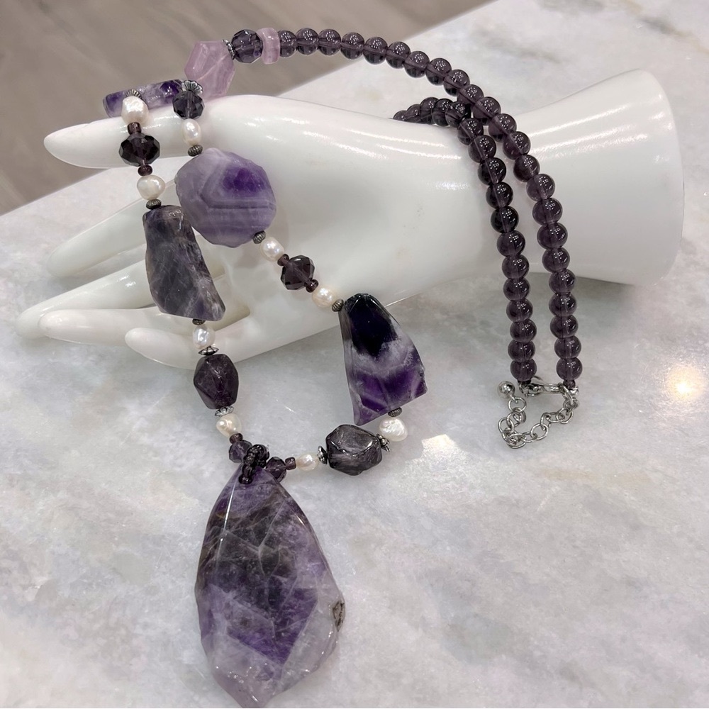 Rough Cut Amethyst And Bead Necklace